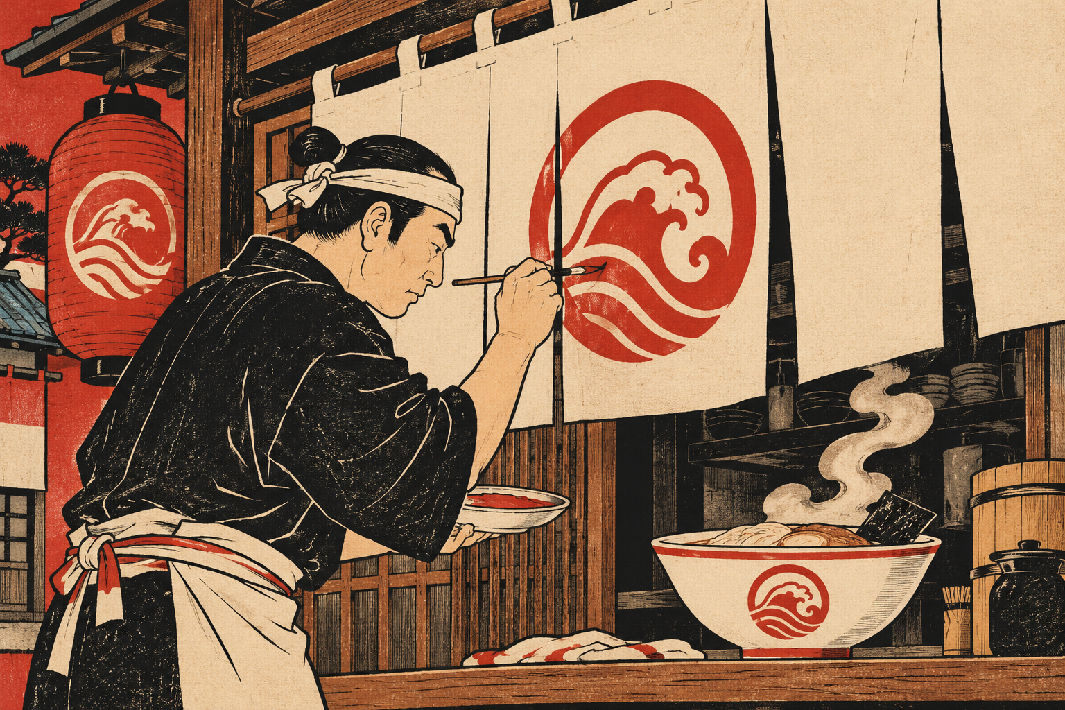 Illustration of a shop owner painting a custom noren