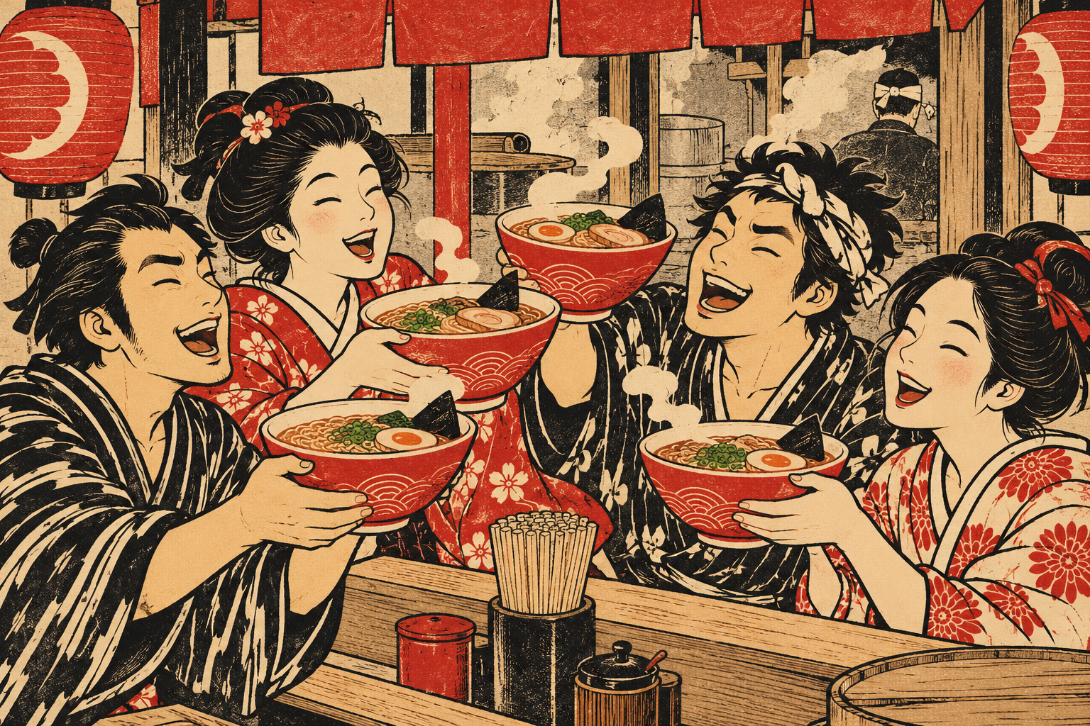Illustration of friends cooking ramen together