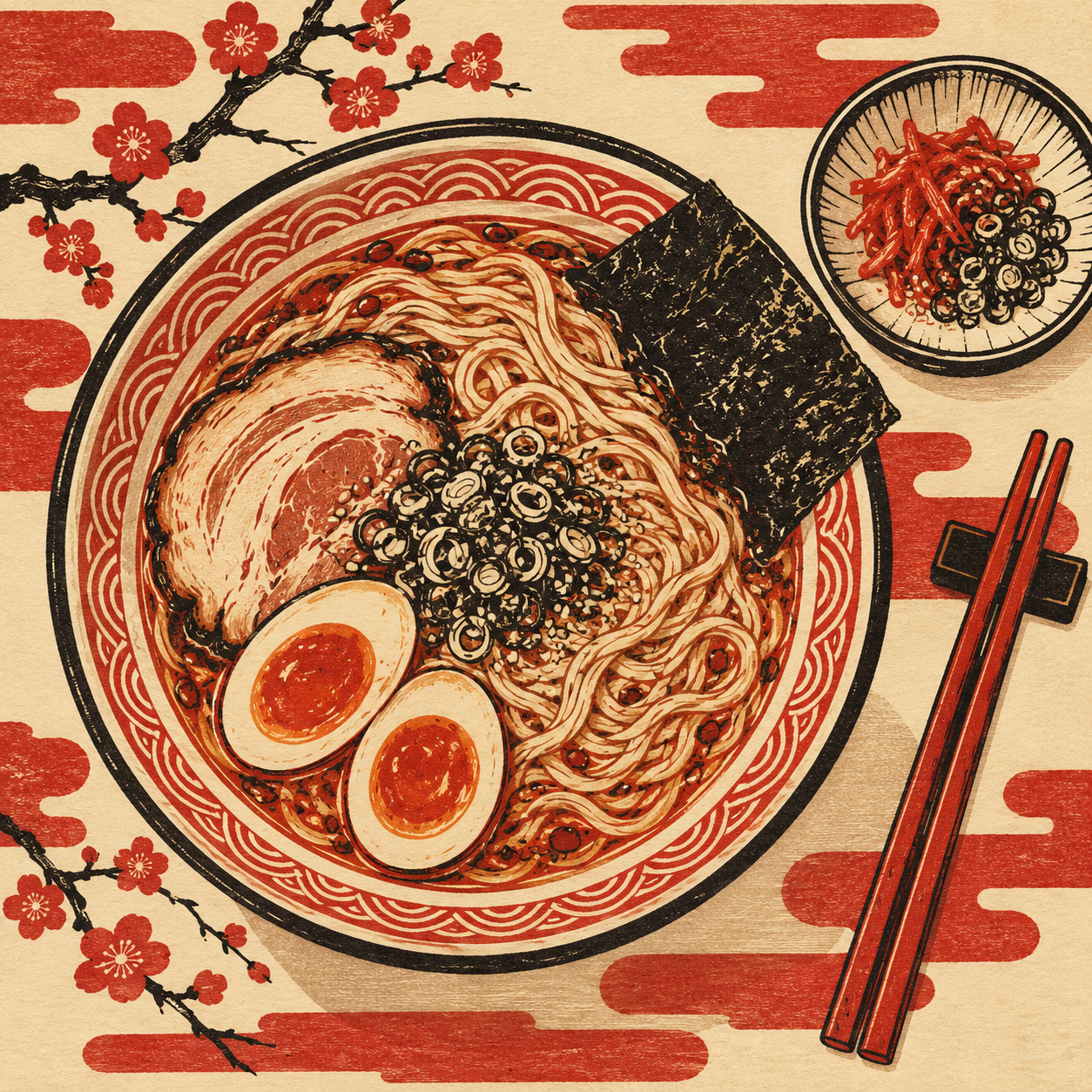 Illustration of a ramen bowl seen from above