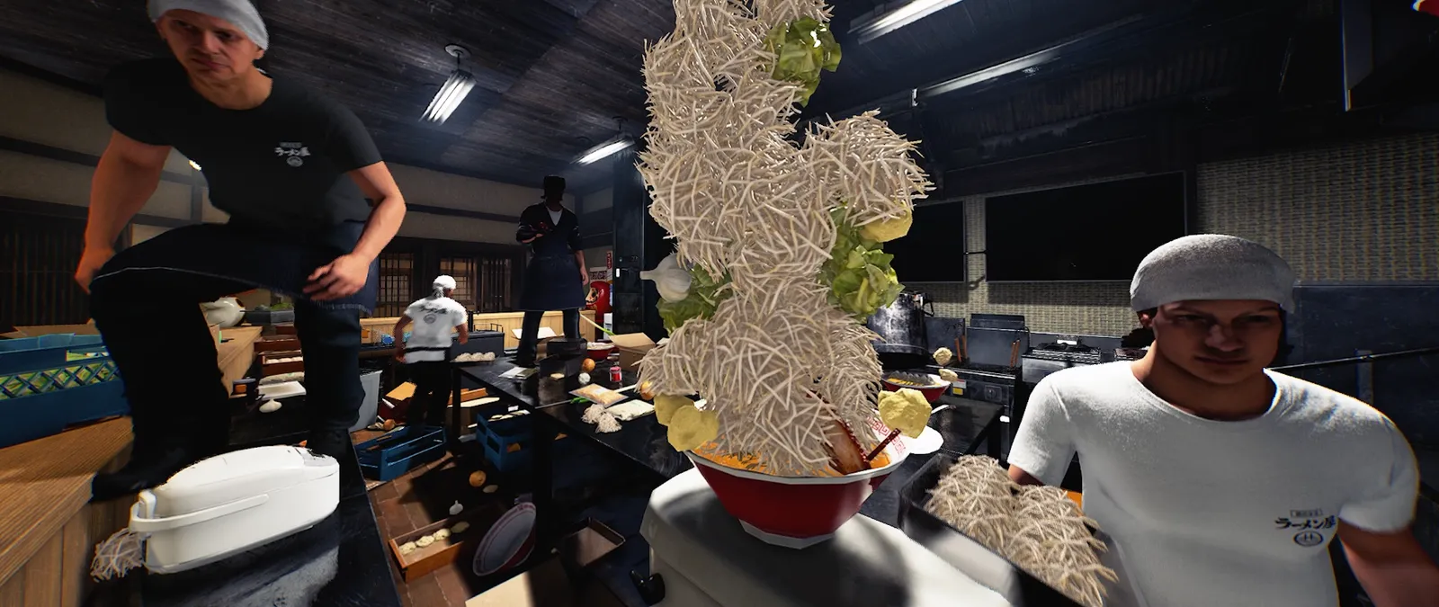 Official screenshot of up to six players running a ramen shop together