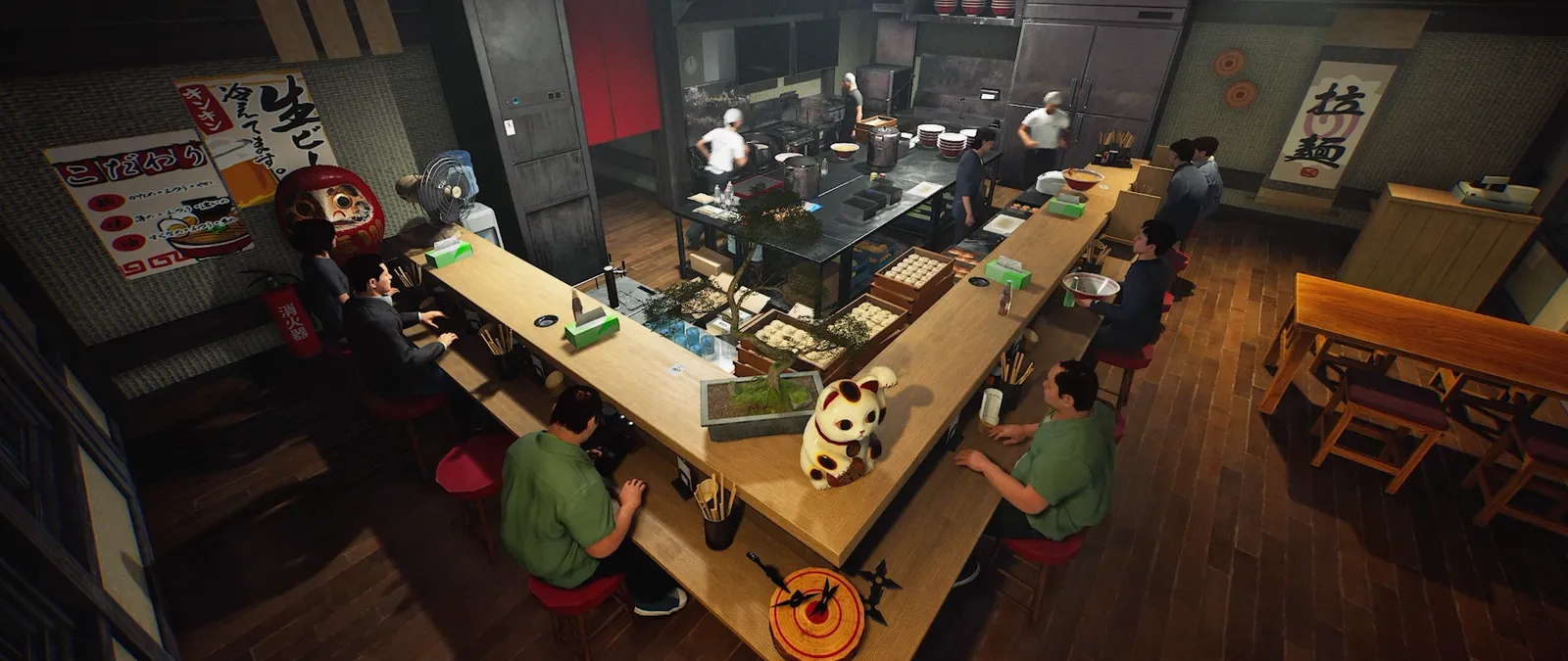 Official screenshot of a custom ramen shop, kitchen through to the seats